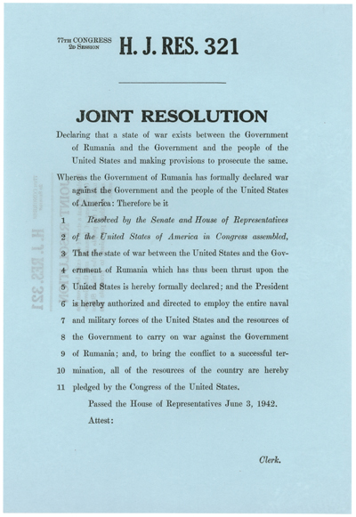 H.J.Res. 321 Declaration of War with Rumania, WWII