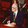 Image: Former Senator Mike Mansfield delivering his lecture for the Leader's Lecture Series on March 24, 1998.