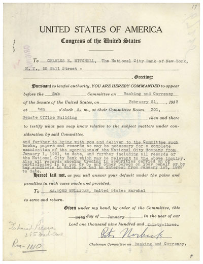 Subpoena of Charles Mitchell. January 24, 1933