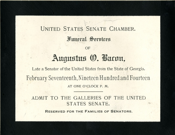 Ticket, 1914 Augustus O. Bacon Funeral (Acc. No. 11.00004.00a)