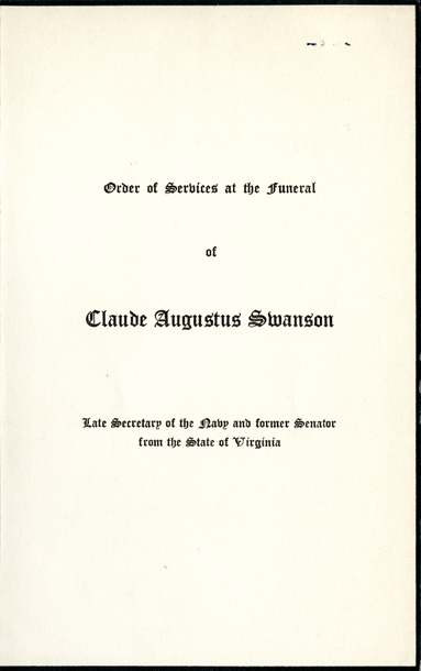 Order of Services, 1939 Claude A. Swanson Funeral (Acc. No. 11.00004.00g)