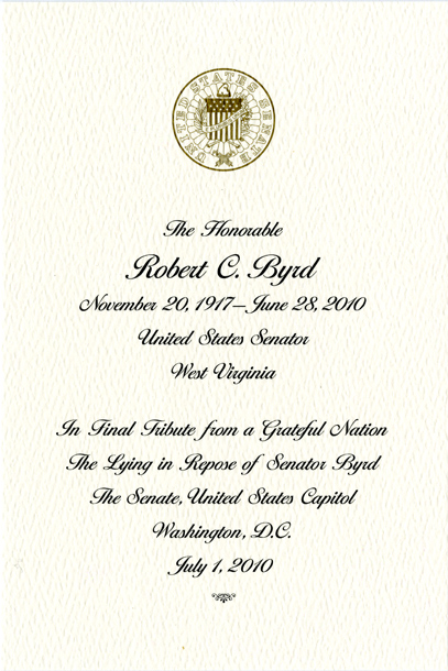 Condolence Card, The Lying in Repose of Senator Byrd, July 1, 2010 (Acc. No. 16.00241.000)