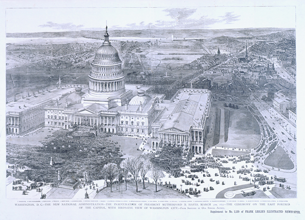 Washington, D.C.—The New National Administration—The  Inauguration of President Rutherford B. Hayes, March 5th, 1877—The Ceremony on the East Portico of the Capitol, with Bird's-Eye View of Washington City. (Acc. No. 38.00097.001)