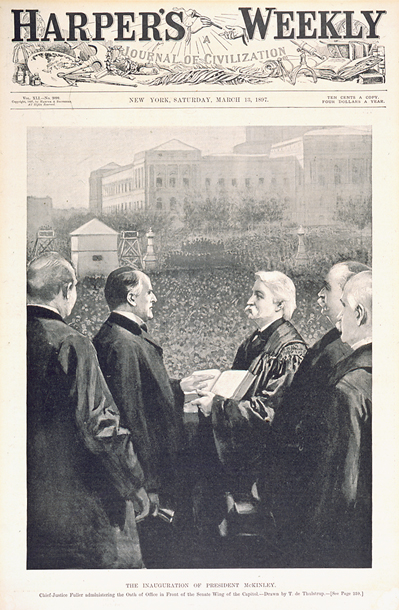 The Inauguration of President McKinley. Chief-Justice Fuller Administering the Oath of Office in Front of the Senate Wing of the Capitol. (Acc. No. 38.00100.001)