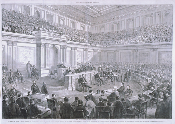 The High Court of Impeachment, in Session in the U.S. Senate Chamber, at Washington, D.C., for the Trial of Andrew Johnson, President of the United States—Benjamin R. Curtis, Esq., of Counsel for the President, Reading the Answer to the Articles of Impeachment, on Monday, March 23d, 1868. (Acc. No. 38.00191.001)