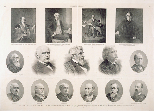 The Centennial of the Supreme Court of the United States—Portraits of the Chief-Justices from the Formation of the Court, and of the Present Associate Justices. (Acc. No. 38.00205.001)