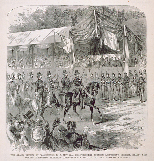 The Grand Review at Washington, D.C., May 24th, 1865—President Johnson, Lieutenant General Grant and Others Inspecting Sherman's Army—Sherman Saluting at the Head of His Staff. (Acc. No. 38.00259.001)