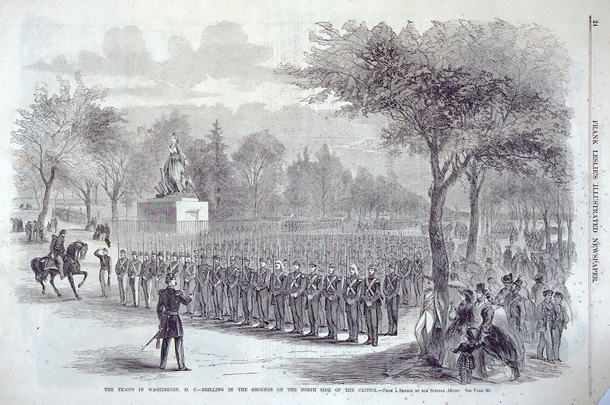 The Troops in Washington, D.C.—Drilling in the Grounds on the North Side of the Capitol. (Acc. No. 38.00260.001)