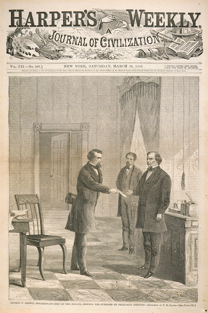 George T. Brown, Sergeant-at-Arms of the Senate, Serving the Summons on President Johnson. (Acc. No. 38.00333.001)