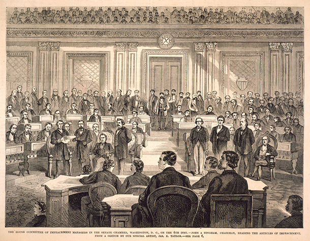 The House Committee of Impeachment Managers in the Senate Chamber, Washington, D.C., on the 4th Inst.—John A. Bingham, Chairman, Reading the Articles of Impeachment. (Acc. No. 38.00339.001)