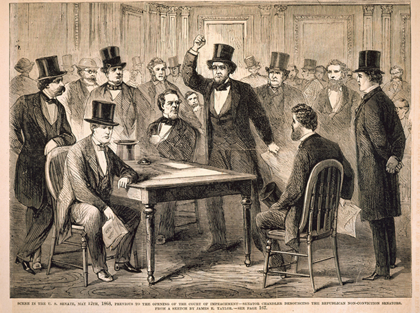 Scene in the U.S. Senate, May 12th, 1868, Previous to the Opening of the Court of Impeachment—Senator Chandler Denouncing the Republican Non-Conviction Senators. (Acc. No. 38.00374.001a)