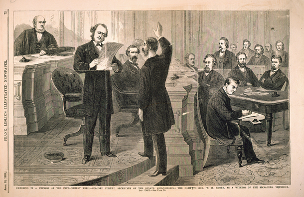 Swearing in a Witness at the Impeachment Trial—Colonel Forney, Secretary of the Senate, Administering the Oath to Gen. W.H. Emory, as a Witness of the Managers, Thursday, 2nd Inst. (Acc. No. 38.00383.001)