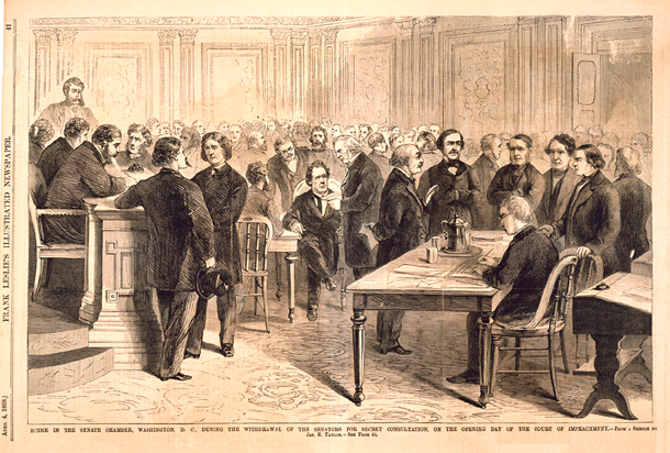 Scene in the Senate Chamber, Washington, D.C., during the Withdrawal of the Senators for Secret Consultation, on the Opening Day of the Court of Impeachment. (Acc. No. 38.00390.001)