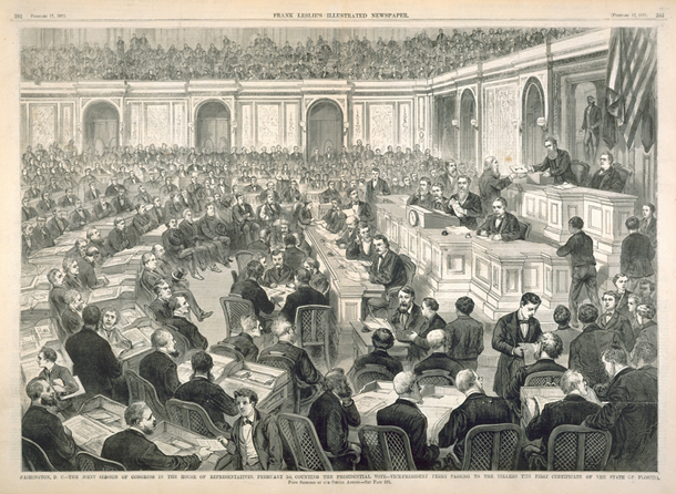 Washington, D.C.—The Joint Session of Congress in the House of Representatives, February 1st, Counting the Presidential Vote—Vice-President Ferry Passing to the Tellers the First Certificate of the State of Florida. (Acc. No. 38.00412.001)