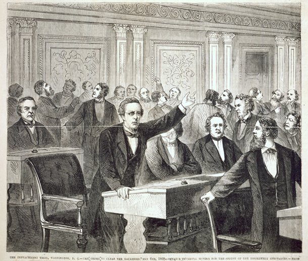The Impeachment Trial, Washington, D.C.—The Order to Clear the Galleries, May 6th, 1868—Senator Trumbull Moving for the Arrest of the Disorderly Spectators. (Acc. No. 38.00529.001)