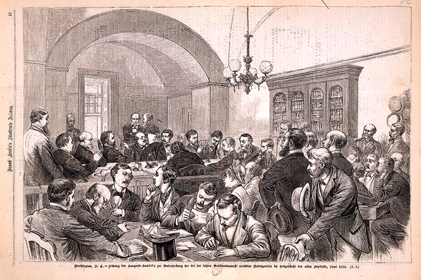 Washington, D. C.—Sitzung des Krongress-Komite's zur untersuchung der bei der letzen Präsidentenwahl verübten Betrügereien im Erdgesschosse des alten Kapitols, Juni 1878. (Acc. No. 38.00585.001)