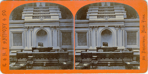 Senate Chamber, [Vice President's Desk] and Reporters' Seats. [misidentified on card as Speaker's Desk] (Acc. No. 38.01107.001)
