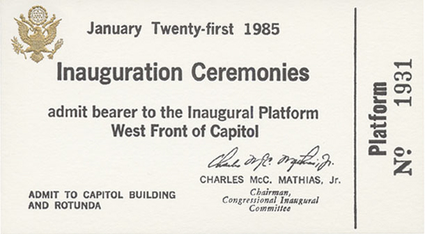 Image of the front of the 1985 Inauguration Ticket