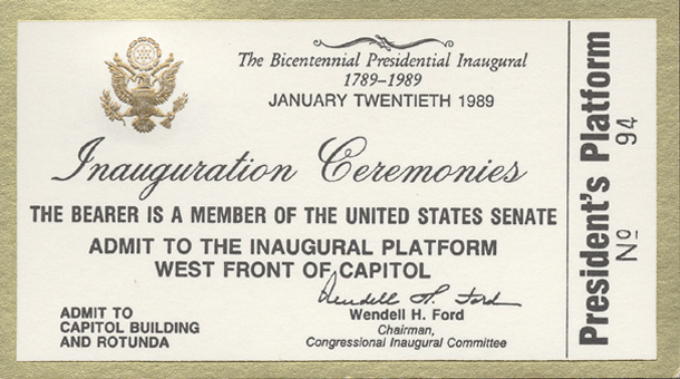 Image of the front of the 1989 Inauguration Ticket