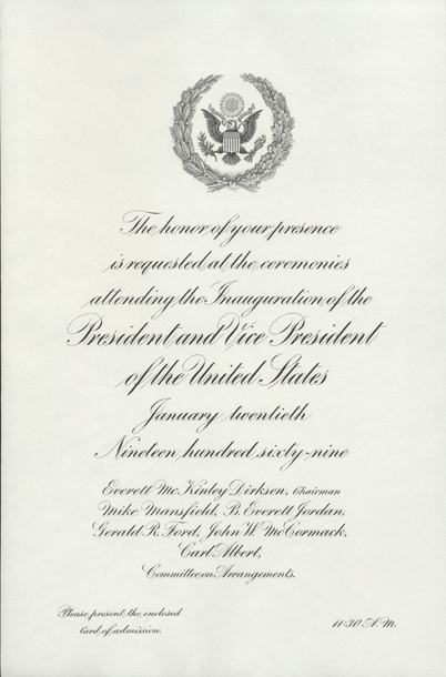 Image of the invitation for the 1969 Presidential Inauguration.