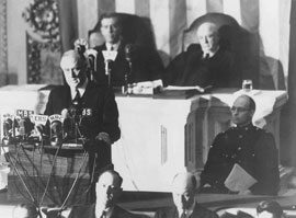 Photo of President Franklin D. Roosevelt delivering the "Day of Infamy" speech.