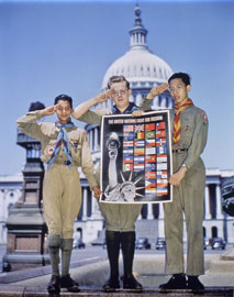 Photo of three boy scouts holding a poster, with Capitol Building in background.