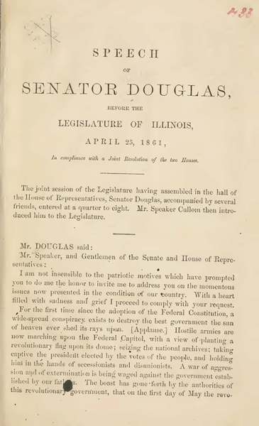 Speech of Senator Stephen Douglas before the Illinois Legislature, April 25, 1861. Page 1.