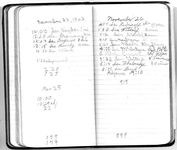 Image of a page from the Pages' notebook tracking time presiding on November 22, 1963