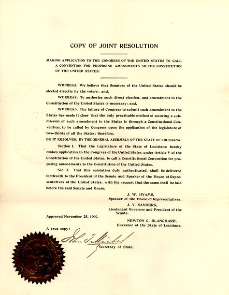 Application of the Louisiana State Legislature and Governor for a convention to propose a constitutional amendment for direct election of senators (page1), November 25, 1907; Petitions referred to the Committee on Privileges and Elections (SEN 60A-J119); 60th Congress, Records of the United States Senate, Record Group 46, National Archives Building, Washington, DC.