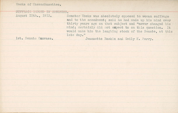 National Woman’s Party Index Card for Senator John W. Weeks (R-MA), 1913