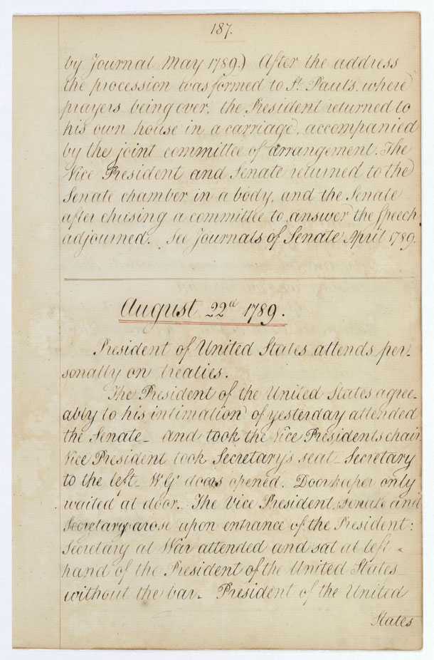 Secretary of the Senate Journal on President George Washington's Visit to the Senate Regarding the Treaty with the Southern Indians, August 22, 1789
