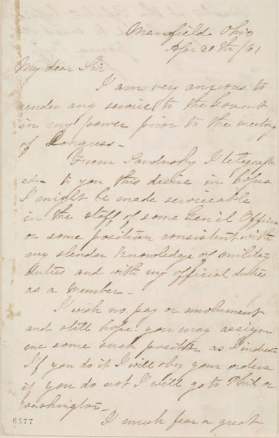 Page 1 of the April 20, 1861 letter from John Sherman to Ohio Governor WIlliam Dennison.