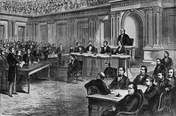 Drawing of the impeachment trial of President Andrew Johnson held in the 