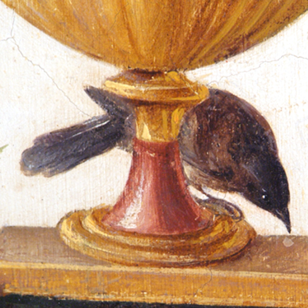 A painting of a bird standing behind a cup by Constantino Brumidi