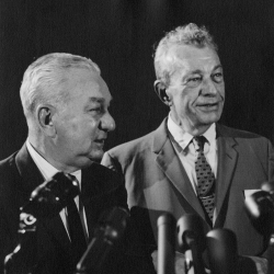 In 1961 Senate Republican Leader Everett Dirksen (right) and House Republican Leader Charles Halleck (left) began holding weekly press conferences, which came to be known as the “Ev and Charlie Show.”