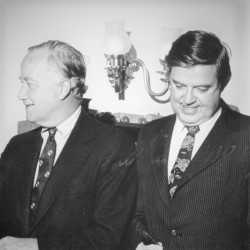 Charles Mathias (R-MD) and Frank Church (D-ID), co-chairs of the Senate Special Committee on the Termination of the National Emergency, pictured with committee staff, 1973