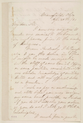 Letter from John Sherman to Ohio Governor William Dennison, April 20, 1861