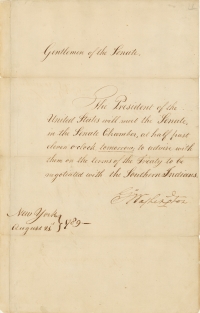 Message of President George Washington Requesting that the Senate Meet to Advise Him on the Terms of the Treaty to Be Negotiated with the Southern Indians, August 21, 1789