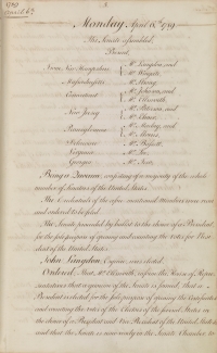 Page from the Senate Journal Noting the First Quorum, April 6, 1789