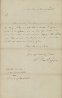 Letter from President George Washington to Vice President John Adams Requesting to be Informed when a Quorum of the Two Houses Assemble, January 4, 1790