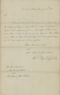 Letter from President George Washington to Vice President John Adams Requesting to be Informed when a Quorum of the Two Houses Assemble, January 4, 1790