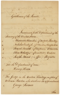 Nomination of Alexander Hamilton to be Secretary of the Treasury, 1789
