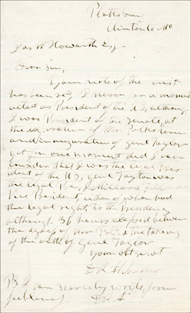 Letter Written by David Rice Atchison (D-MO), ca.1880, Addressing the Myth that he was President for One Day