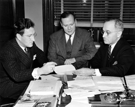 Image: Charles P. Clark, associate counsel; Hugh P. Fulton, chief counsel; and Senator Harry S. Truman