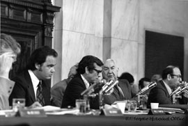 Image: Minority Counsel Fred Thompson, Senator Howard Baker, Senator Sam Ervin, and Majority Counsel Sam Dash