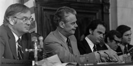 Image: Senator Lowell Weicker, Senator Edward Gurney, and Minority Counsel Fred Thompson.