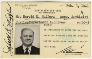 National Archives Identification Card for Harold E. Hufford, 1941