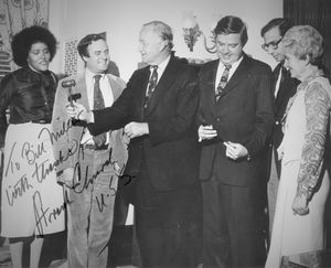 Charles Mathias (R-MD) and Frank Church (D-ID), co-chairs of the Senate Special Committee on the Termination of the National Emergency, pictured with committee staff, 1973