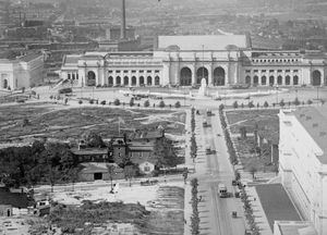 View of Union Station in Washington, D.C., with Senate Stables in the Foreground, ca.1920