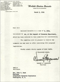 Correspondence of the Senate Committee on Commerce Related to the Motor Vehicle Safety Act of 1966